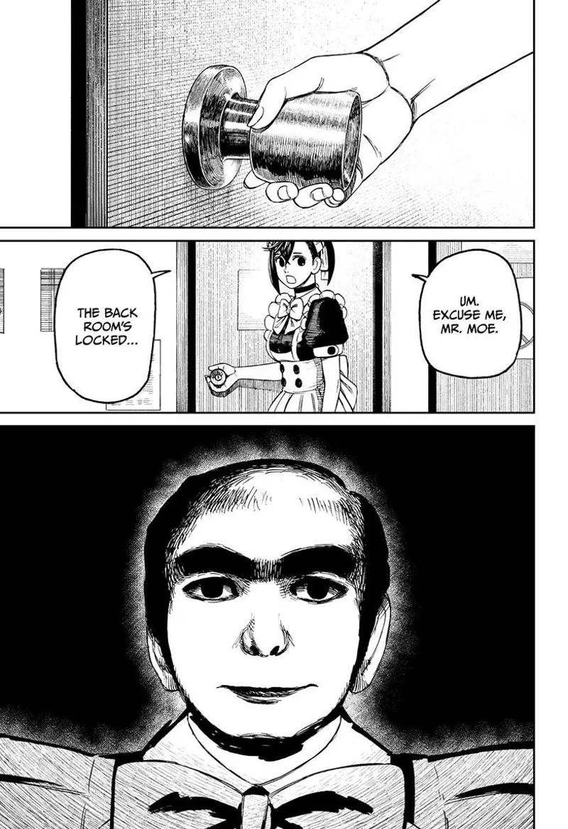 Momo grabs the doorknob, but it seems locked. A creepy man appears.