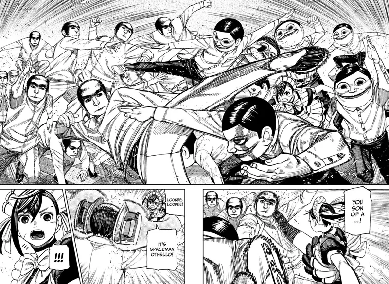 The Serpoians and the creepy men clash in physical combat. Momo attacks one of the creepy men.