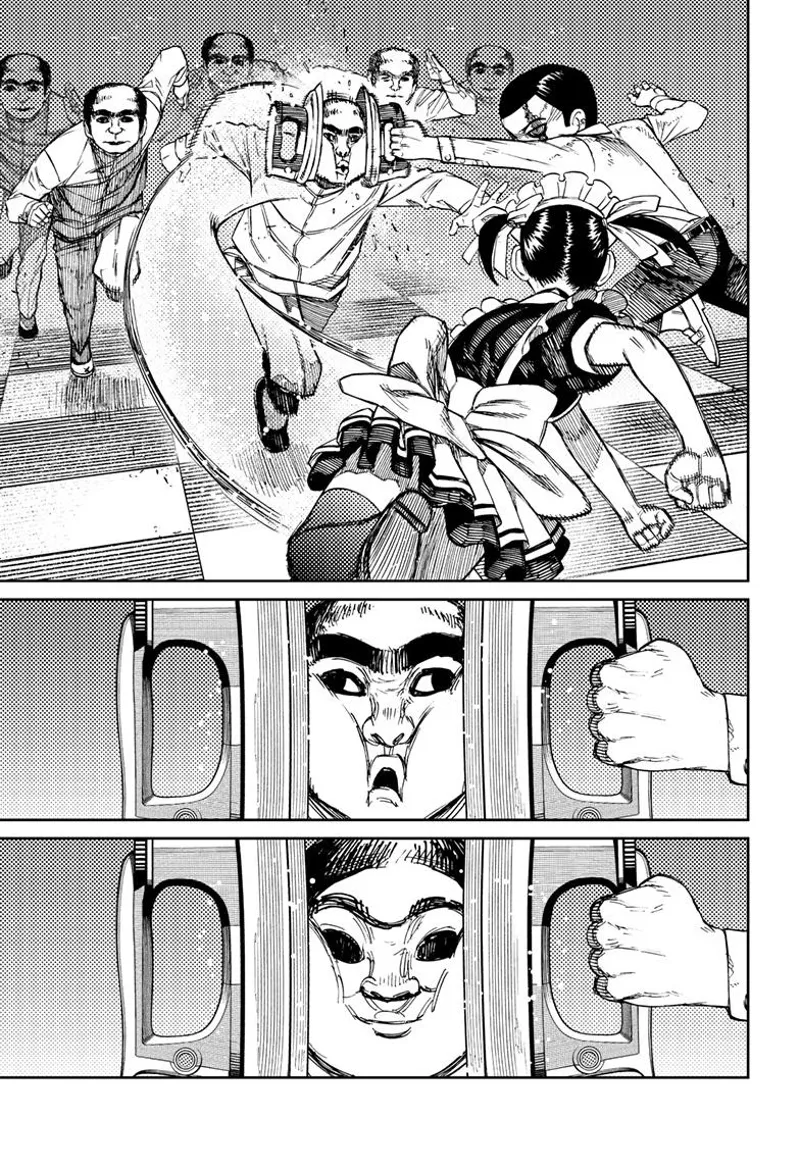 Momo and the Serpoian sandwich the creepy man's face with their irons.