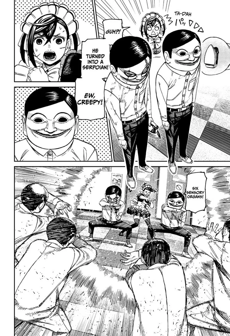 The sandwiched creepy man suddenly turns into another Serpoian. The two Serpoians attack with "Six Sensory Organs."