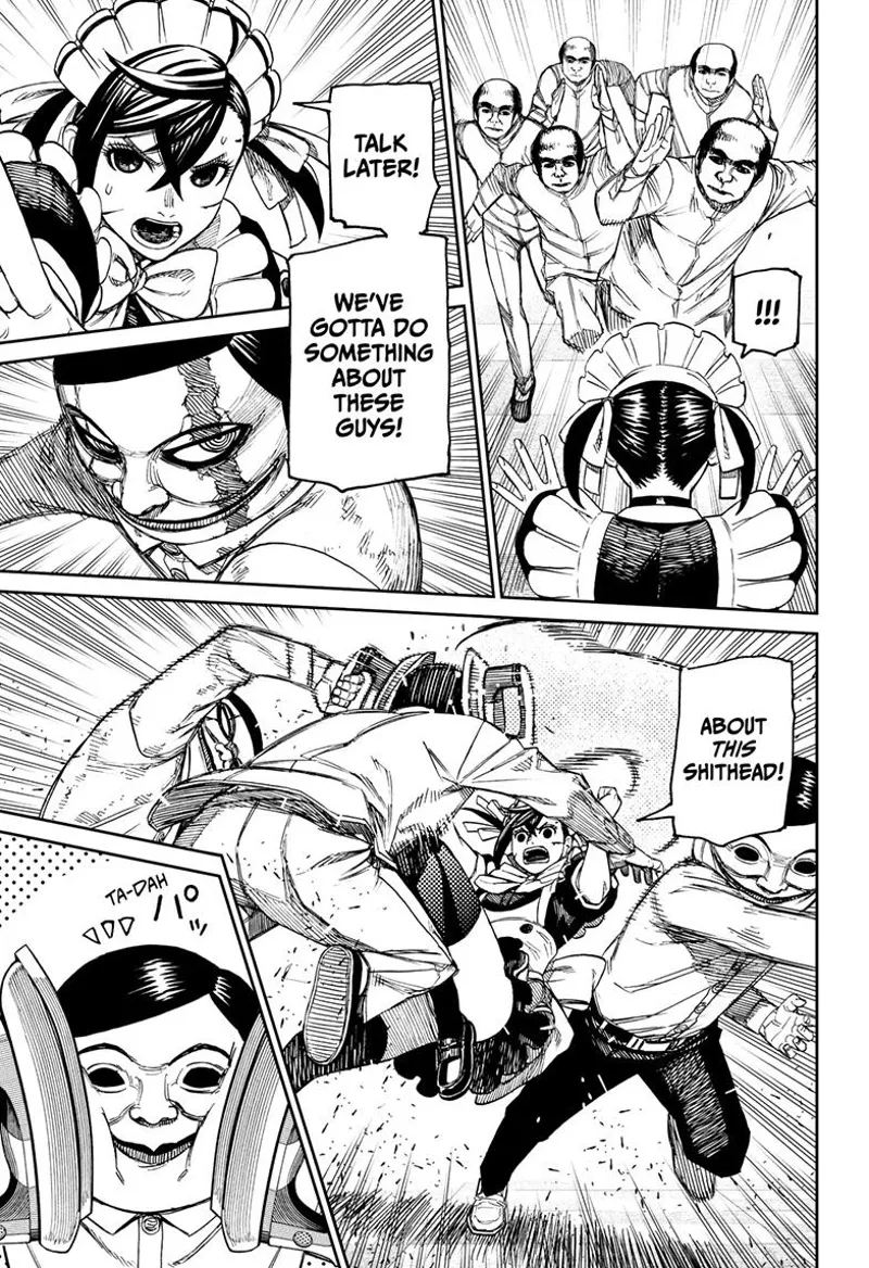 More creepy men attack, but Momo and the Serpoian flatten one of them with iron.