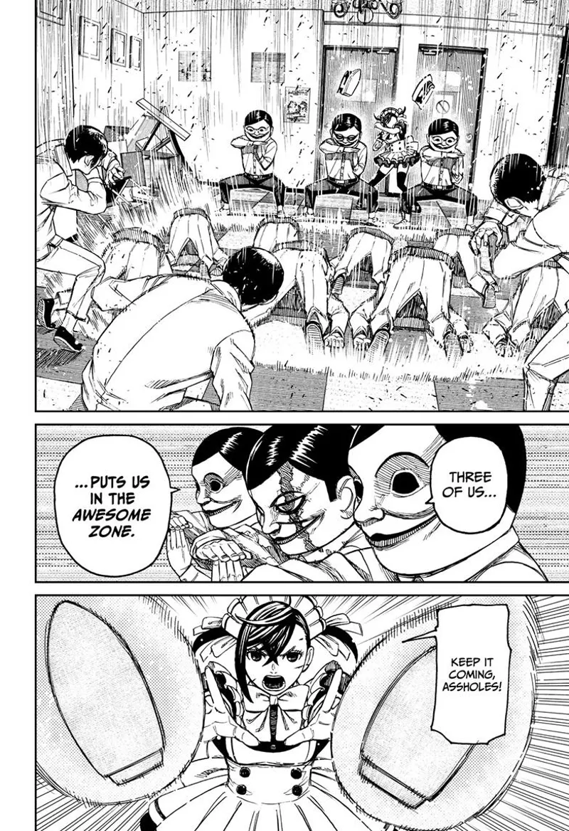 The three Serpoians attack using "Awesome Zone." Some of the enemies are on their knees.