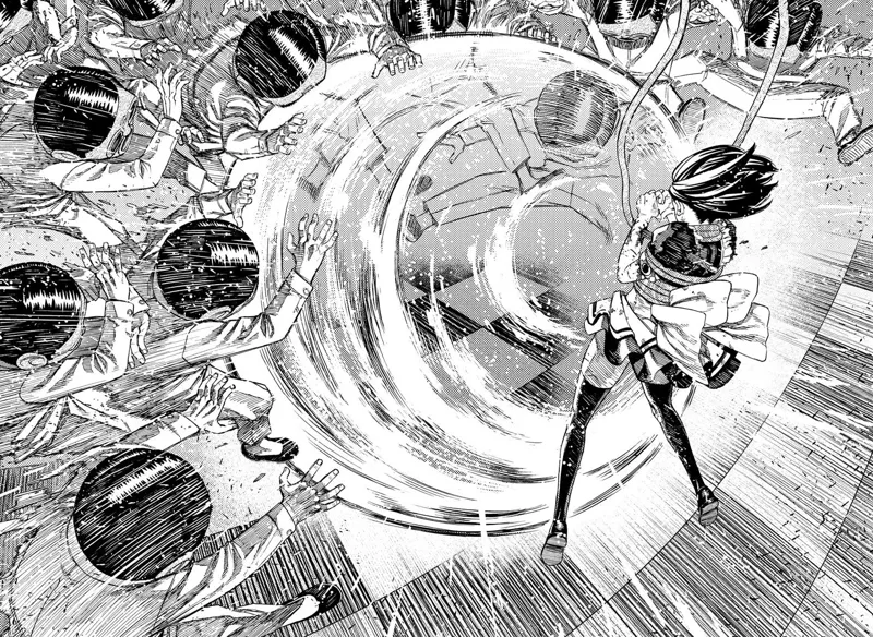 Momo suddenly creates a ball of shockwave that blows away the clones.