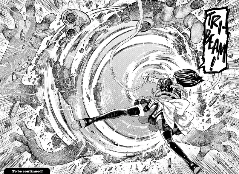 Momo attacks with "Tri-Beam" and defeats the dimensional alien.