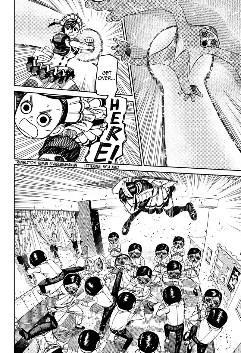 Momo attacks, punches, and throws herself up to defeat the dimensional enemy.