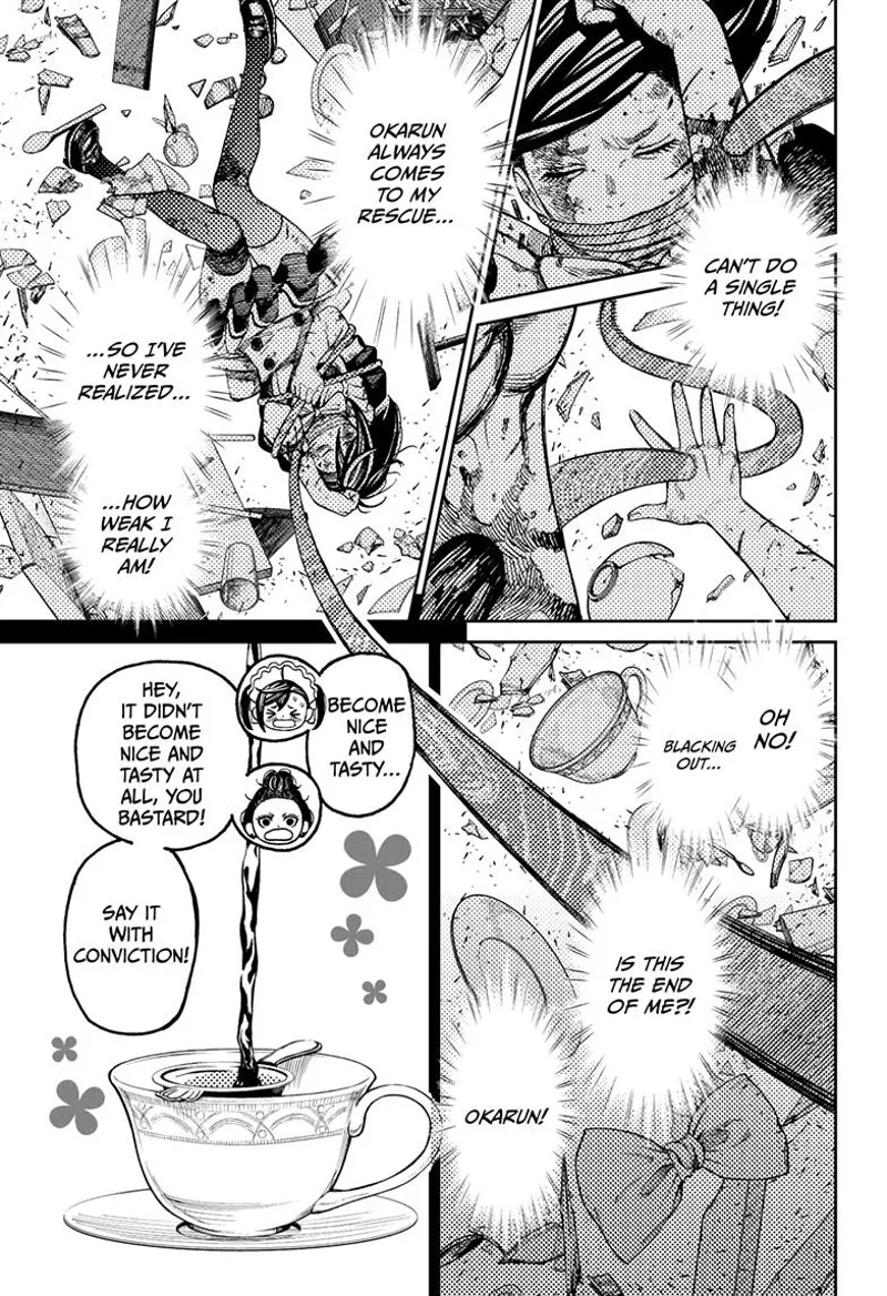 Momo closes her eyes and realizes how weak she is since Okarun is always there to help her.