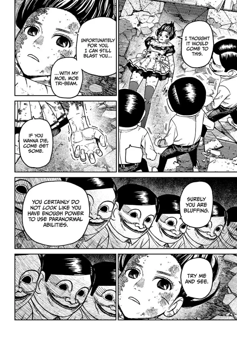 Momo is lying on the floor, her hand shivering, as the Serpoians see her bluffs.