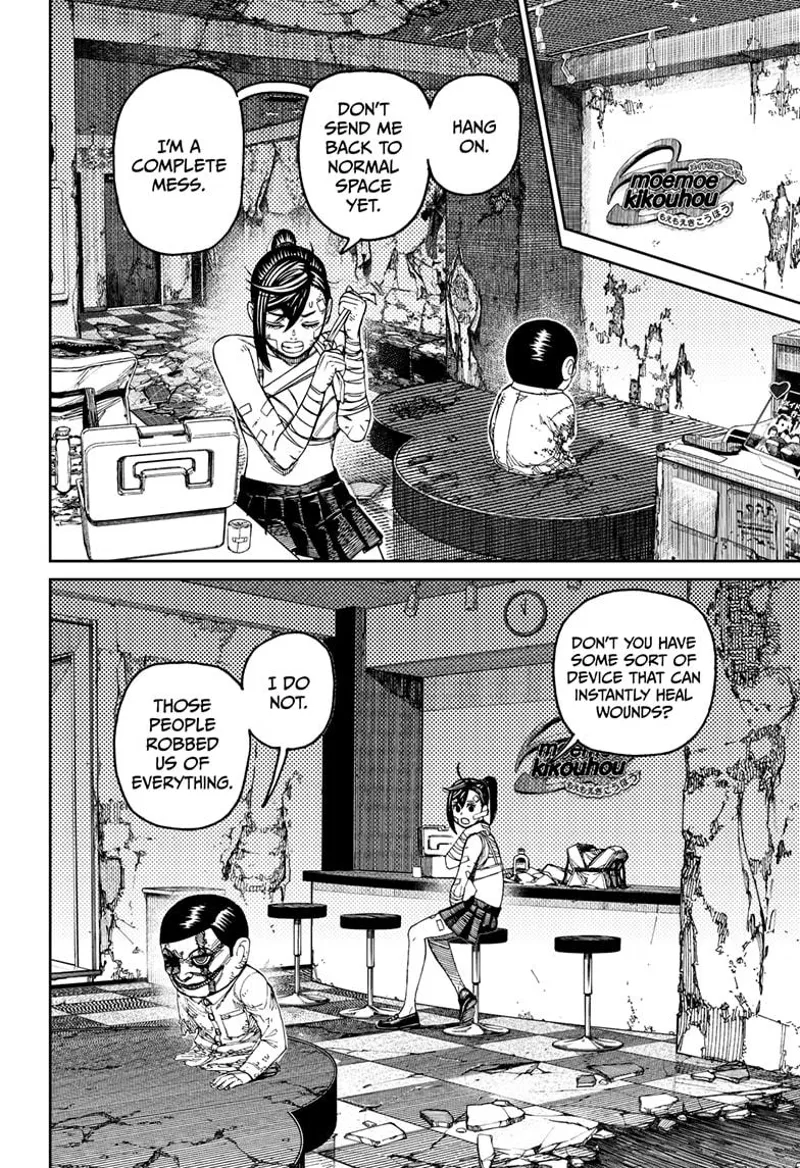 Momo sits and bandages herself. The scar-faced Serpoian reveals the enemy robbed them of everything.