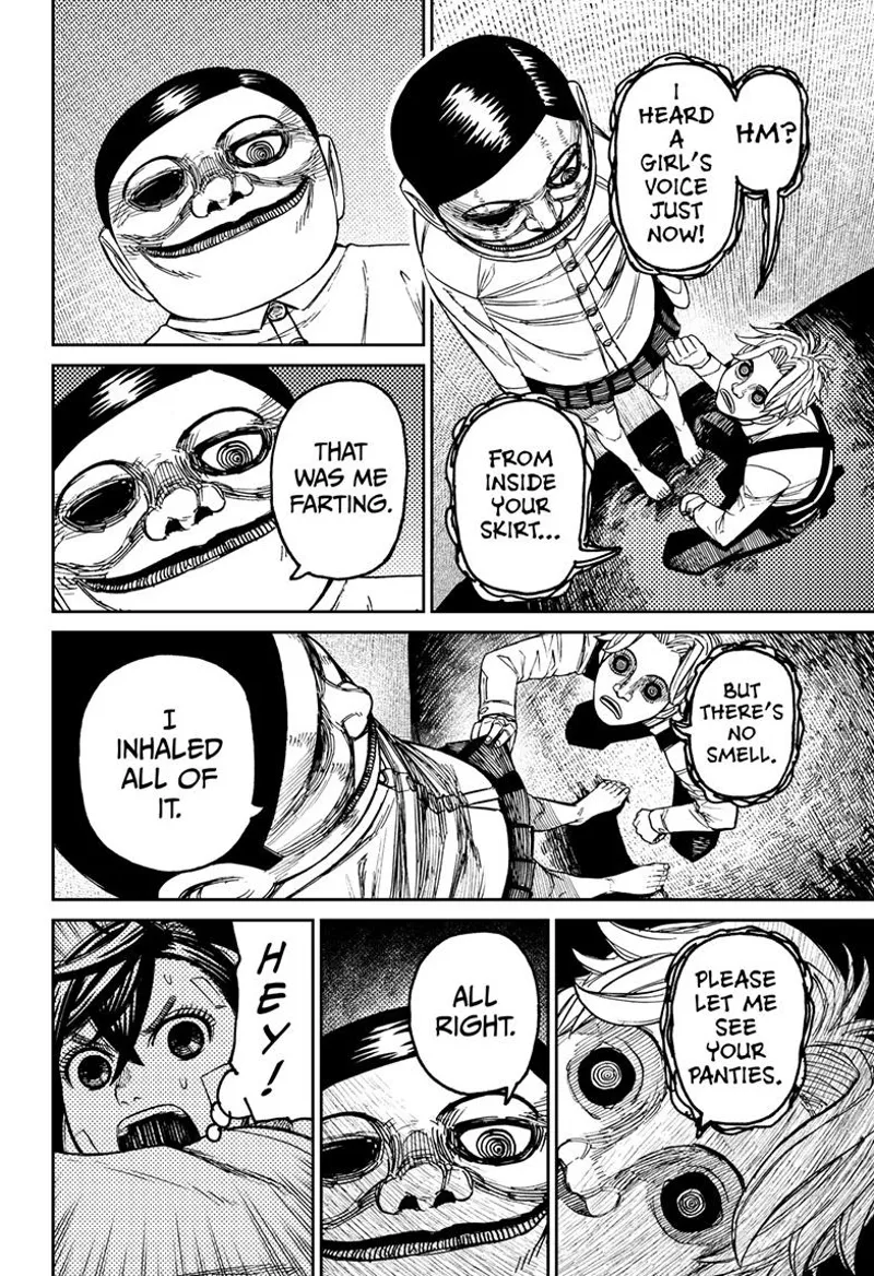 The man thinks he hears a woman's voice, but the Serpoians say he farted. The man asks again to see her panties.