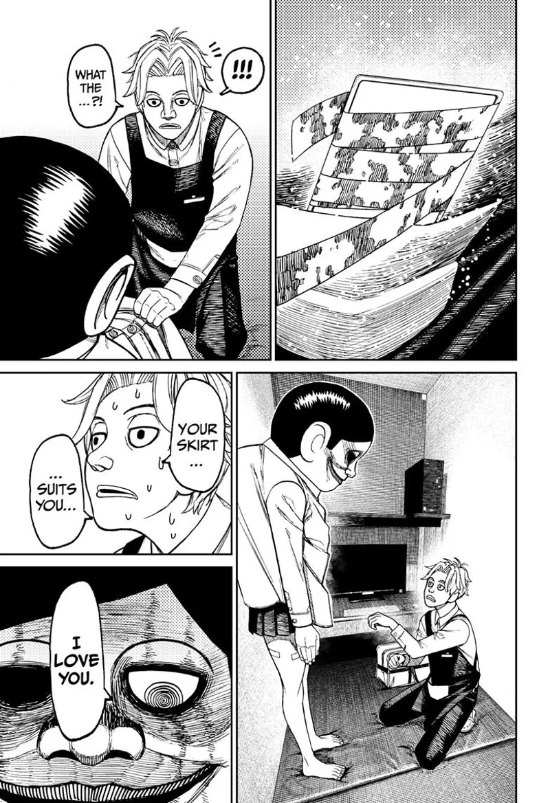 The man says her skirt suits her. The Serpoian says, "I Love You."