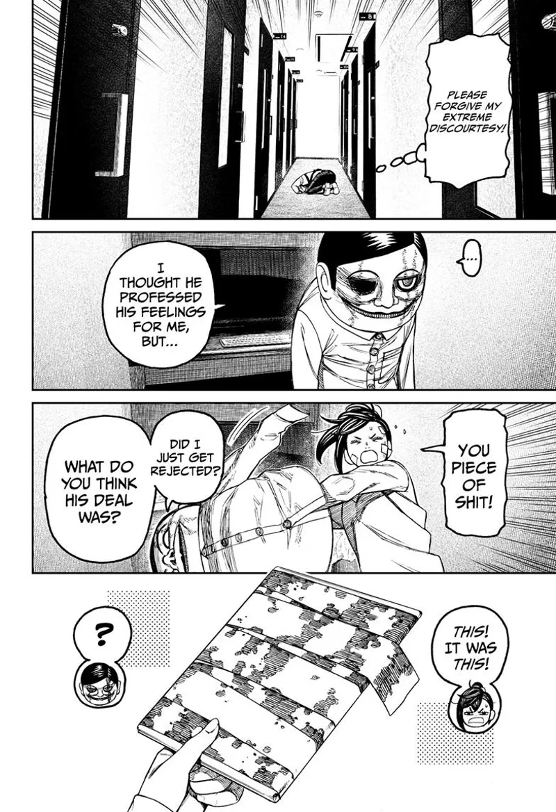 The man vows on the floor for an apology. Momo dissolves their disguise and takes out the mirror.