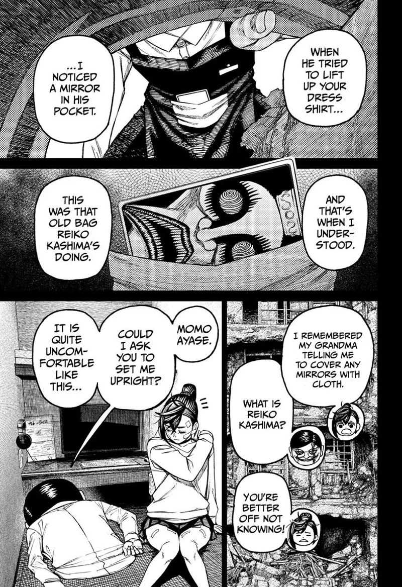 After seeing him bring a mirror, Momo realized Reiko Kashima was controlling the man.