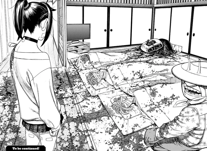 Momo enters a room and sees Mr. Shrimp tending to Aira, Jiji, and Okarun, who are unconscious in bed and heavily injured.