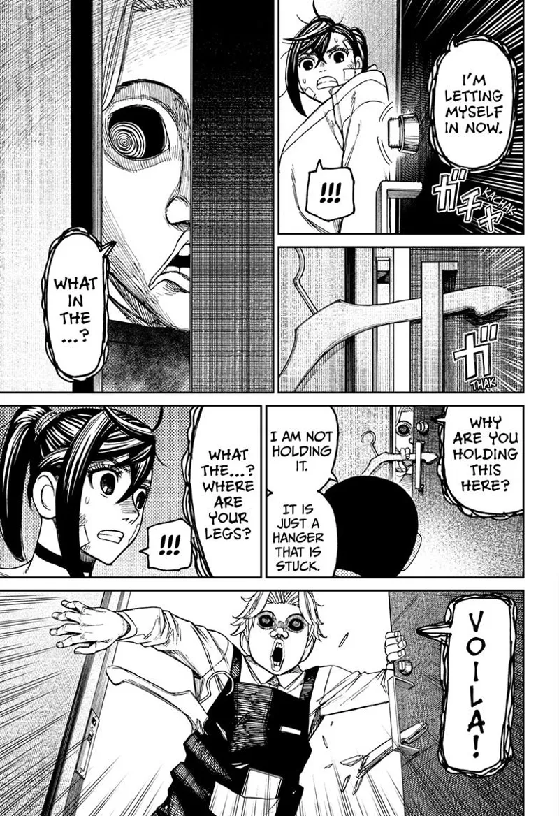 The man tries to open the door and barges right through after a hanger gets stuck on the handle.