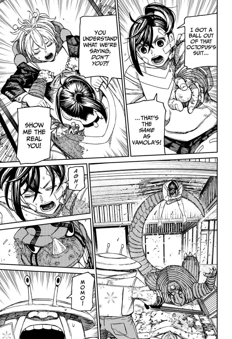 Momo tries to rip off Vamola's clothes, but she turns into a Kaiju and sends Momo to the ceiling.