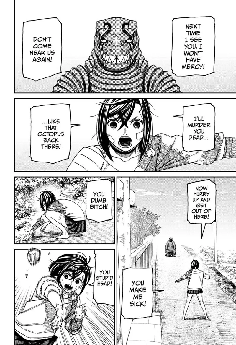 Momo picks up stones and throws them at Kaiju Vamola after telling her to leave.