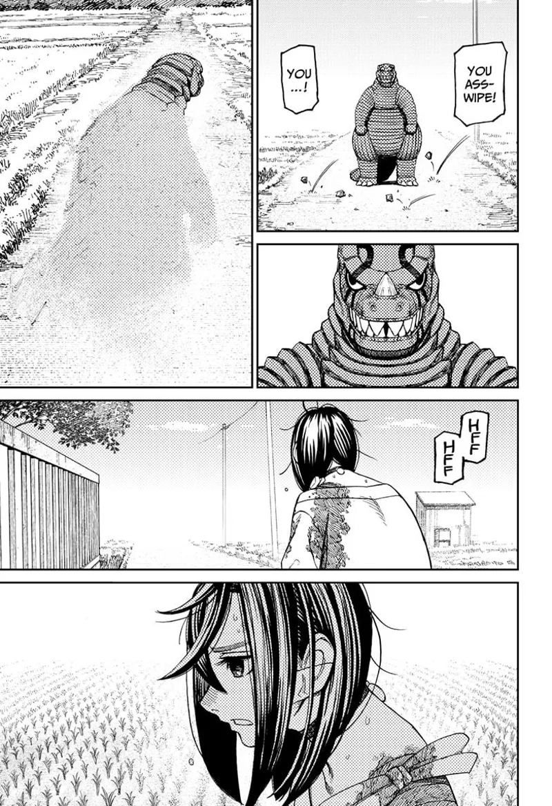 Momo's stones only land on the ground. Kaiju Vamola turns around and starts becoming invisible.