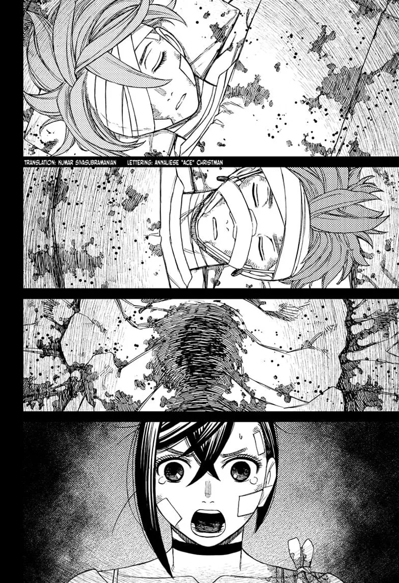 Momo is teary-eyed and shocked, seeing Jiji, Aira, and Okarun bandaged with blood all around their beds.