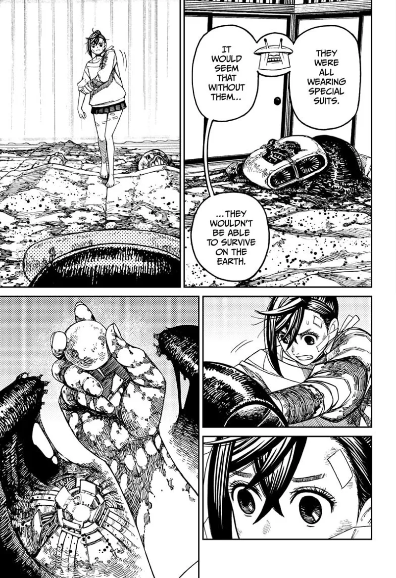 Mr. Shrimp reveals the aliens wear special suits to survive on Earth. Momo picks up a ball inside the suit.