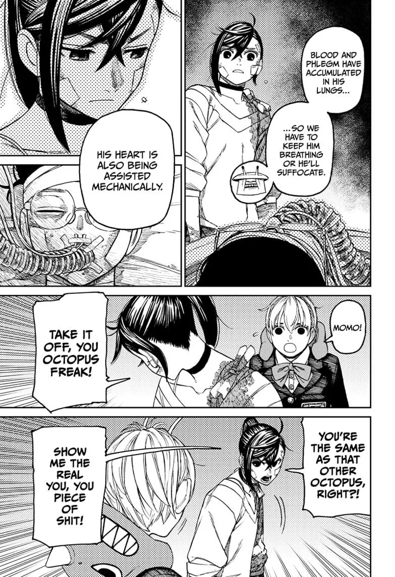 Momo looks worried after seeing Okarun's condition. She turns around and angrily accuses Vamola.