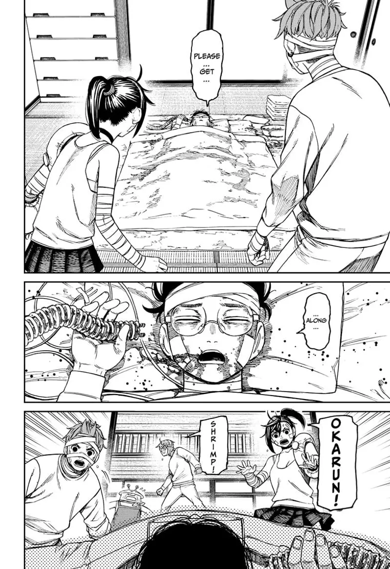 Okarun awakens and tells them to get along. Momo, Jiji, Aira, and Mr. Shrimp are shocked.