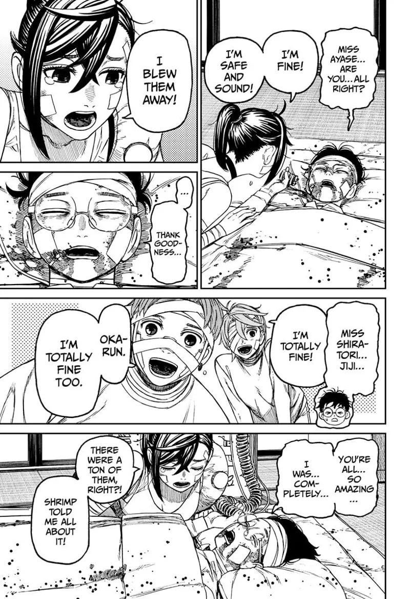 Okarun asks them if they are all okay, and they reply with teary eyes.