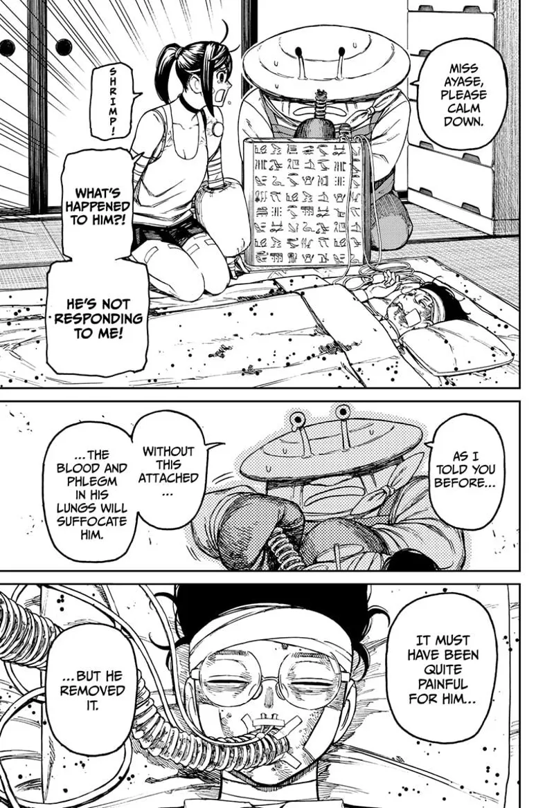 Momo gets worried. Mr. Shrimp comes and puts the hose to Okarun's mouth so he can breathe.