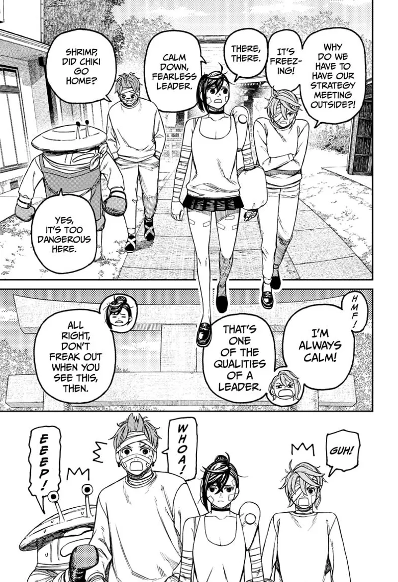 Aira, Momo, Jiji, and Mr. Shrimp walk outside as Momo wants to show them something.