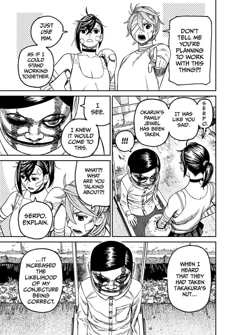 Momo tells the Serpoian about Okarun's nut being taken again. The Serpoian reveals his conjecture as correct.