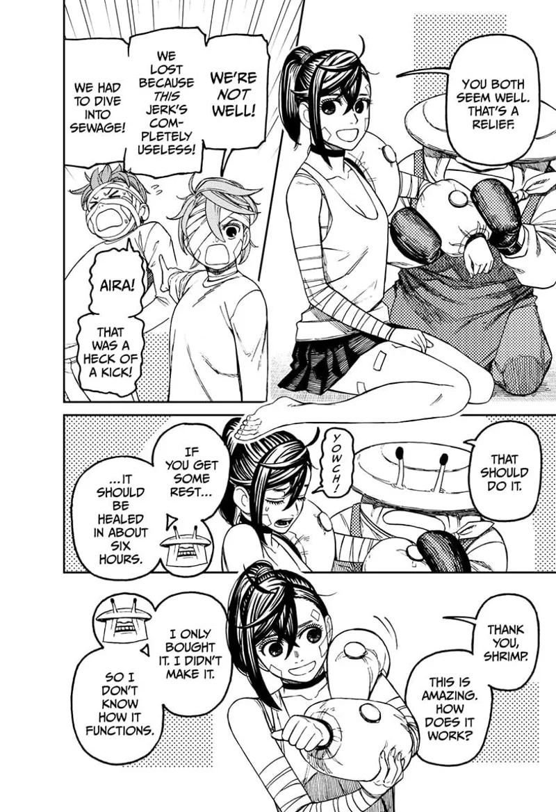 Mr. Shrimp treats Momo's arms and shoulders with a device that heals in six hours.