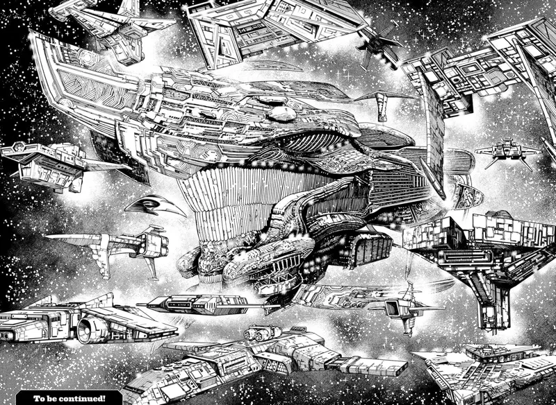 Giant spaceships are flying in the outer space.