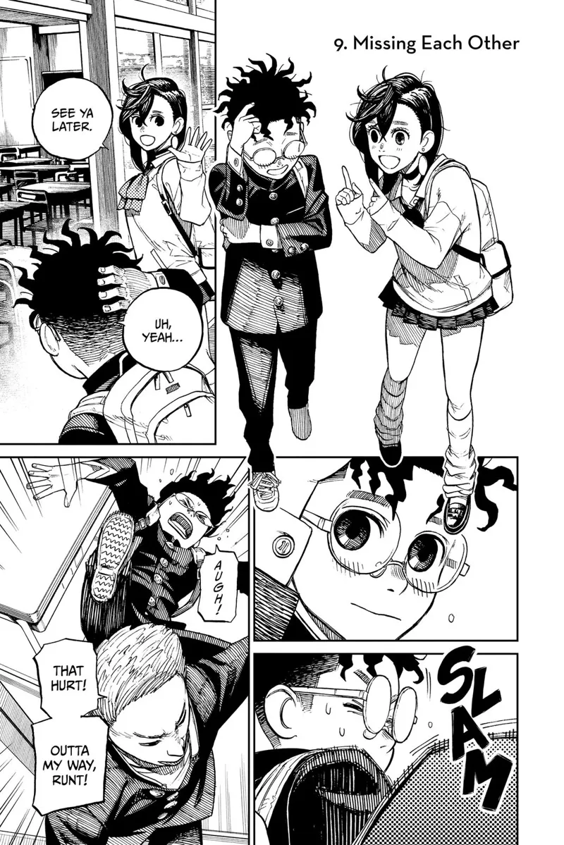 Momo and Okarun talk while going to their classroom. Momo enters her room. Okarun falls as a bully bumps into him.