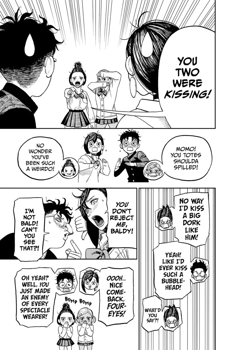 Two students saw Momo and Okarun kissing. They both deny and banter with one another.