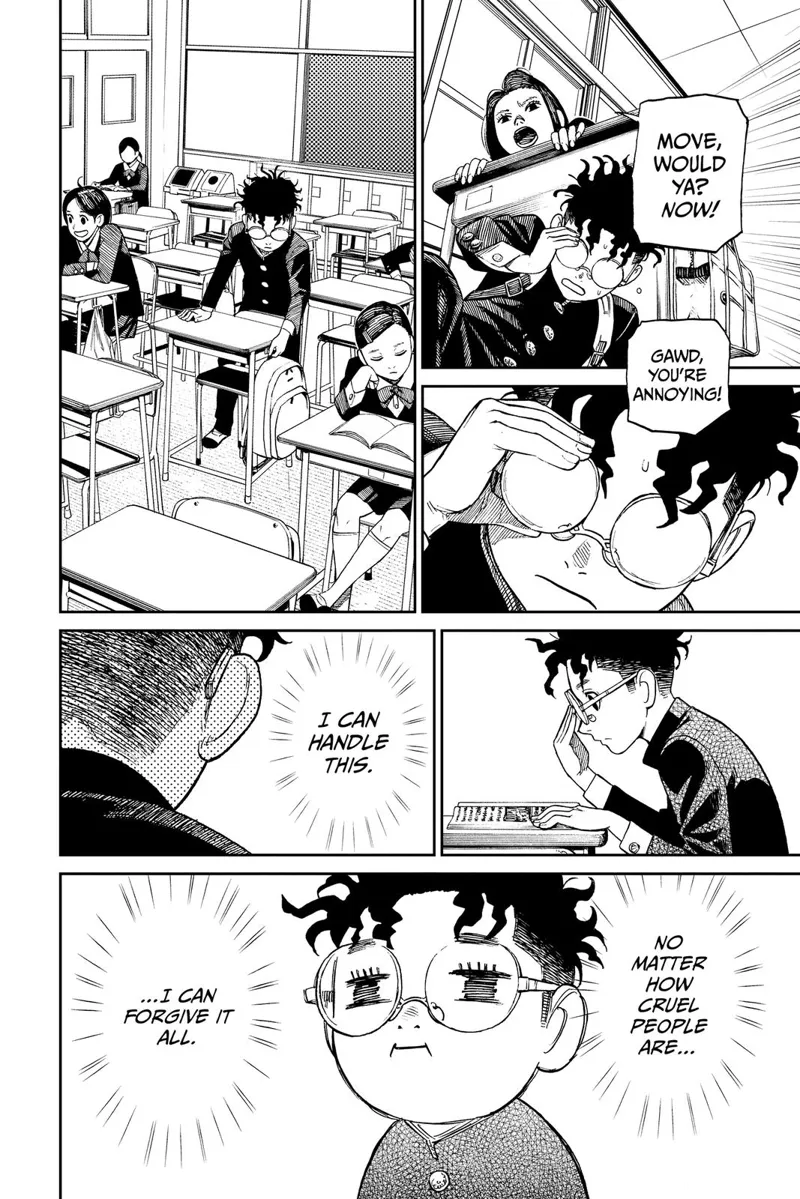 A female classmate tells Okarun to move. He stands up, fixes his chair, and sits. He starts reading.