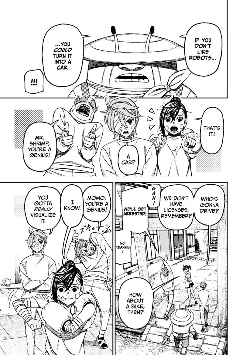 Mr. Shrimp suggests turning the house into a car. Momo suggests a bike.