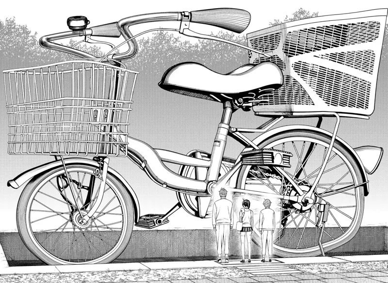 Jiji, Momo, and Aira stand before a huge bicycle.