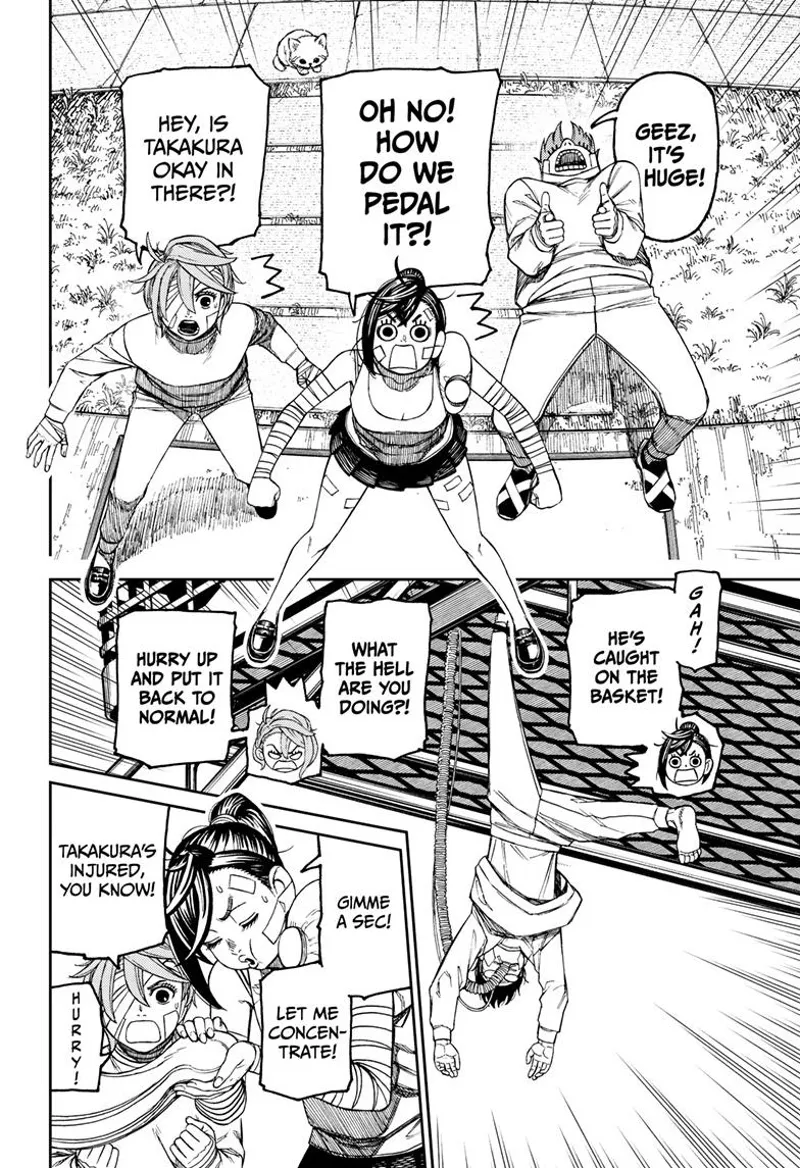 Jiji, Momo, and Aira are shocked at the bicycle's size, especially after seeing Okarun hanging.