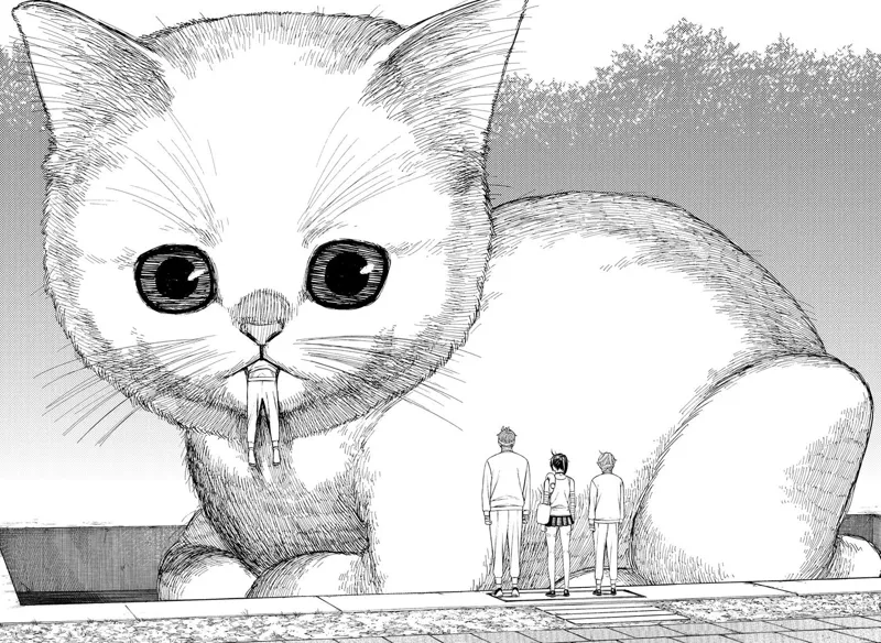 Jiji, Momo, and Aira stand before a huge cat that has Okarun in its mouth.