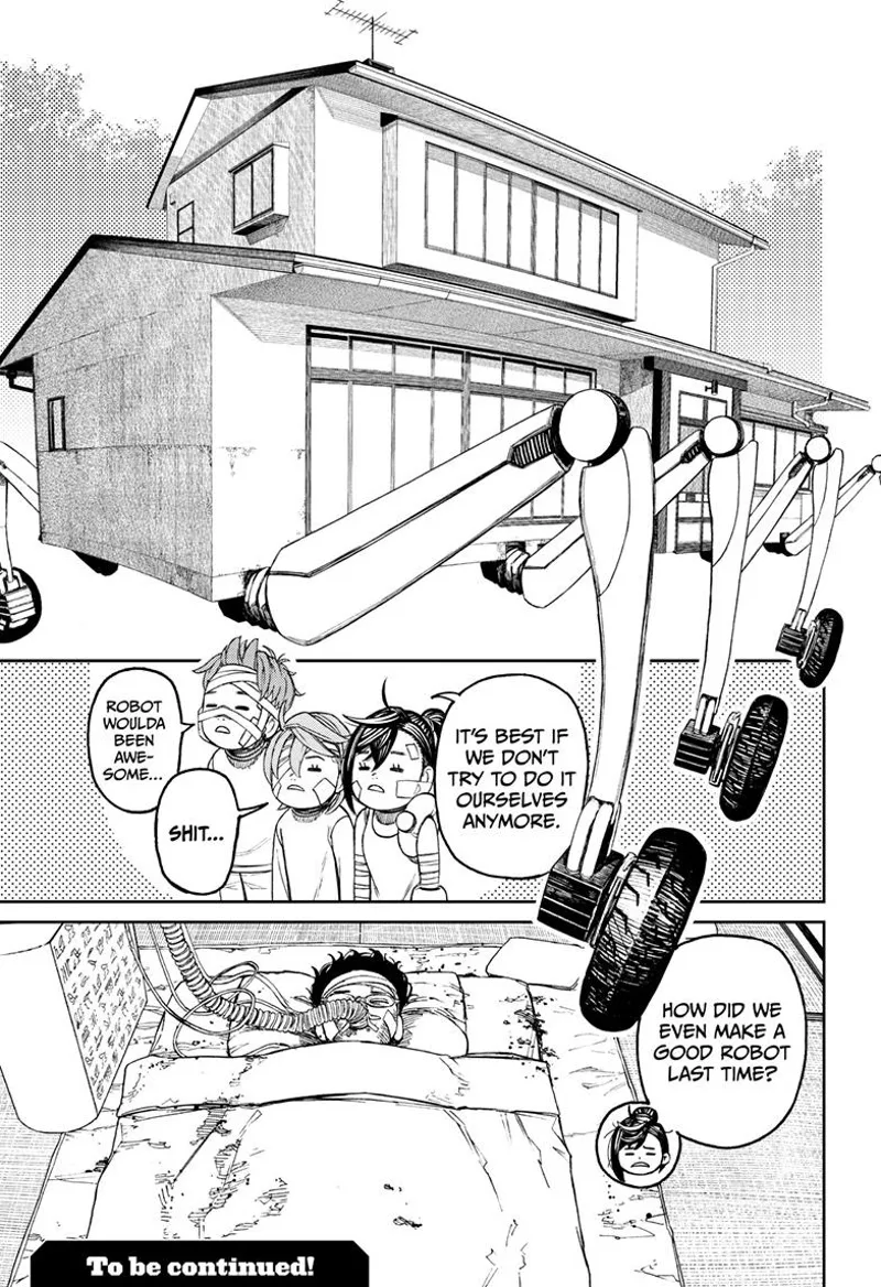 Jiji, Momo, and Aira see the house transformed with four pairs of legs with wheels and Okarun inside, peacefully lying.