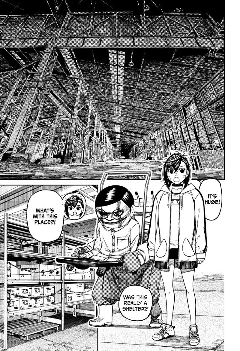 Underground, Momo is surprised at a massive shelter. Mr. Shrimp carries Serpo.