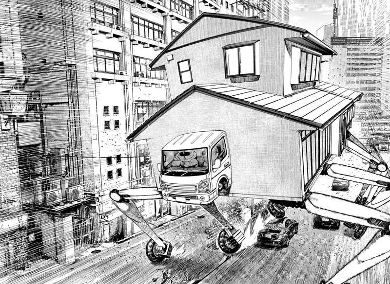 The giant house with wheels and legs speeds through the highway, overtaking other cars.