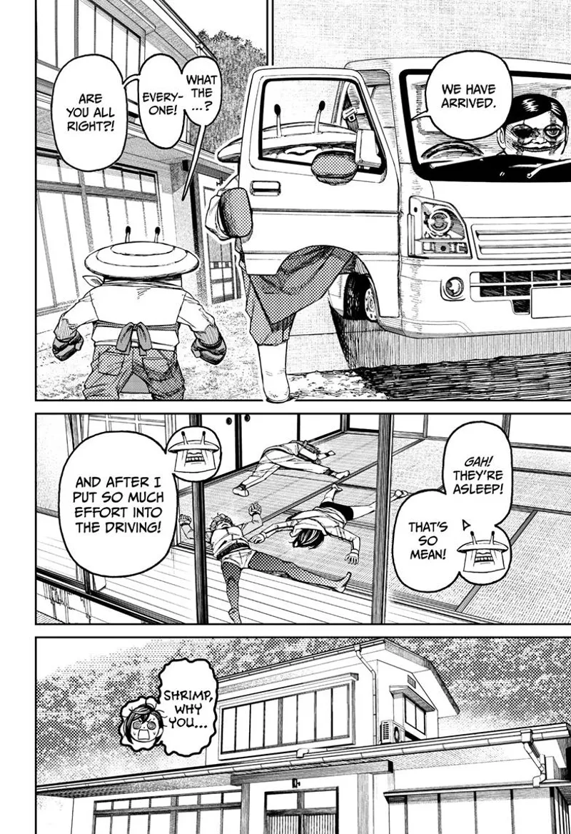 Mr. Shrimp gets out of the car and sees Momo, Aira, and Jiji asleep inside the house after being nauseated.