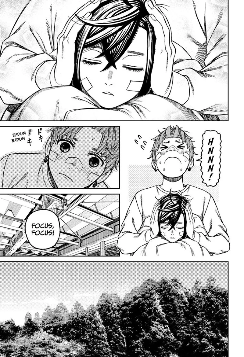 Momo falls asleep while Jiji focuses on maintaining his chi as he covers Momo's ears.