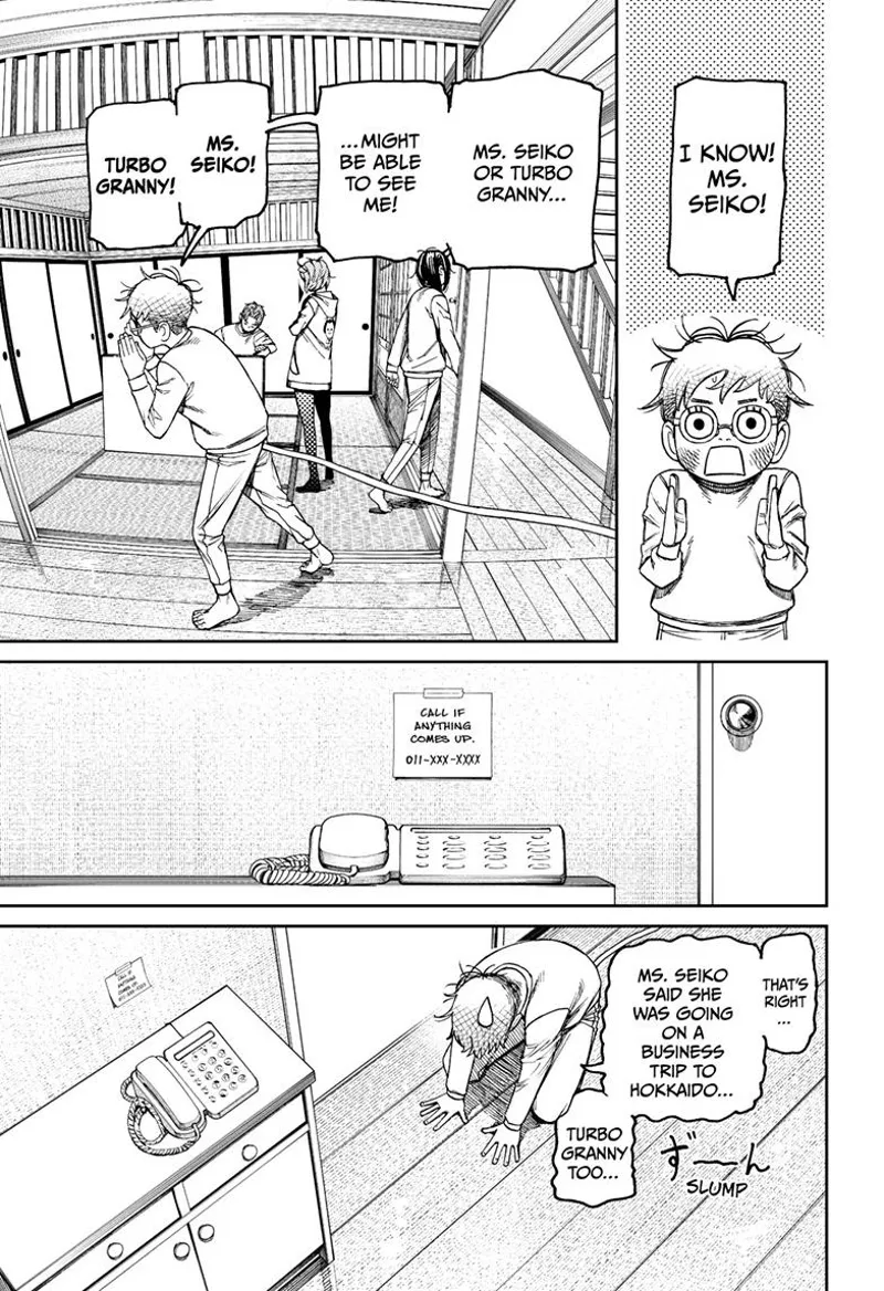 Okarun goes around the house to find Grandma and Turbo Granny. He realizes they are in Hokkaido.