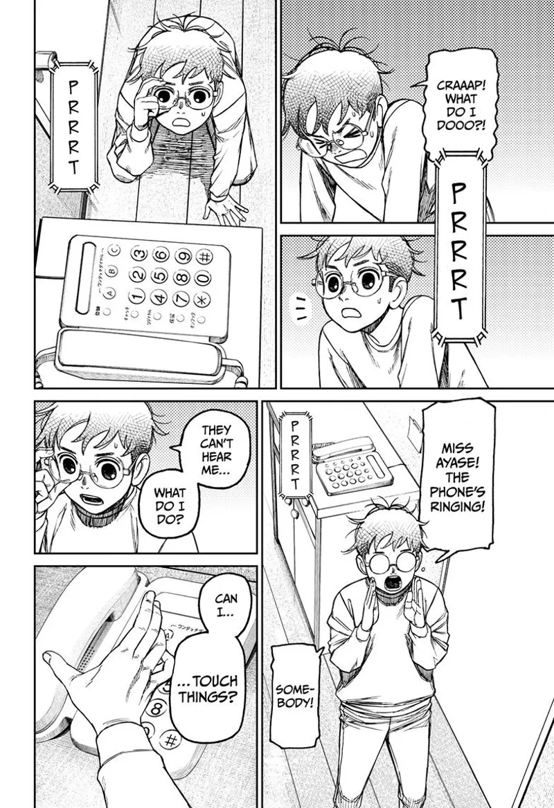 Okarun kneels in helplessness. The phone rings, and he calls Momo. He tries to pick up the phone.