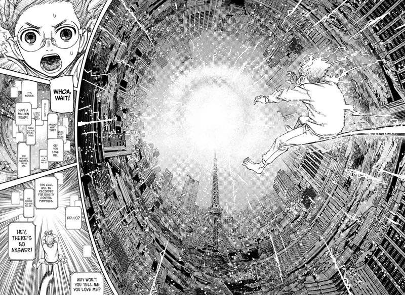 Okarun gets transferred inside the telephone and sees the world with a bright light at the center. He hears every conversation.