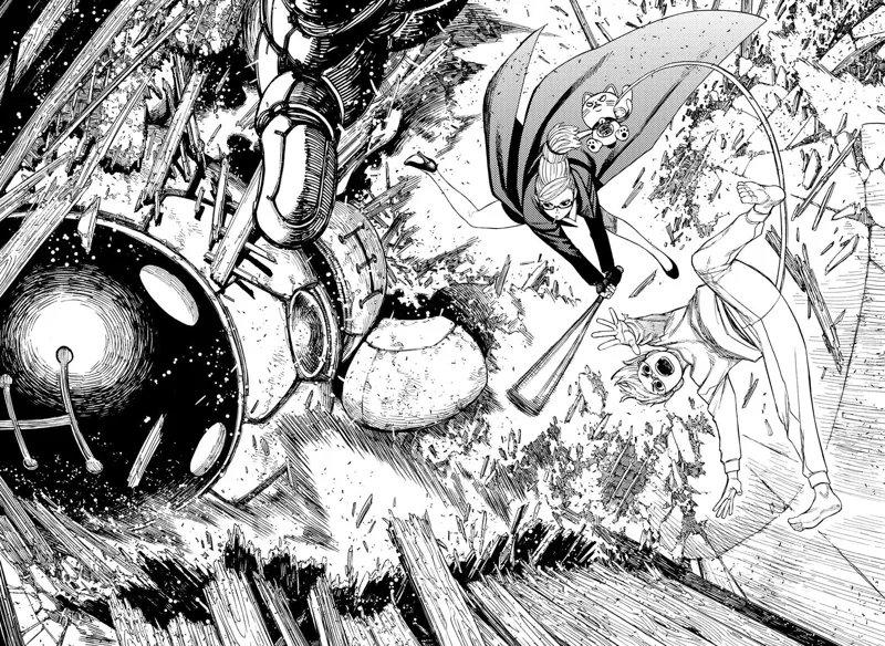 Okarun comes out of the phone Turbo Granny is holding. He sees Grandma fighting an alien with her baseball bat.