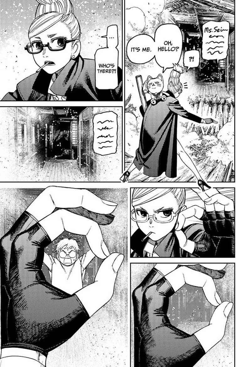 Grandma and Turbo Granny pause after hearing a faint voice. Grandma makes a circle with her fingers and sees Okarun.