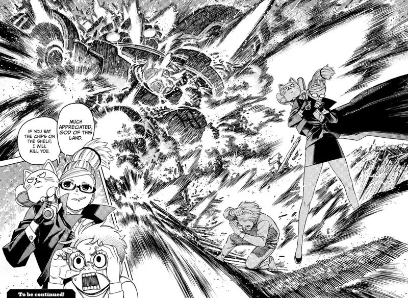 The giant robot explodes, and Grandma stands lighting up a cigarette. Okarun is shocked!