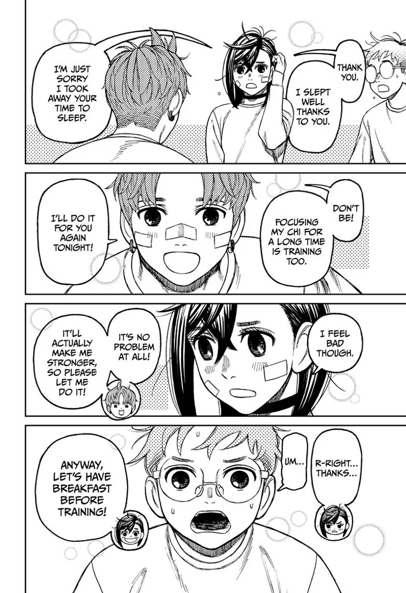 Momo thanks Jiji for helping him sleep but apologizes for her inconvenience. They head for breakfast. Okarun is wondering.